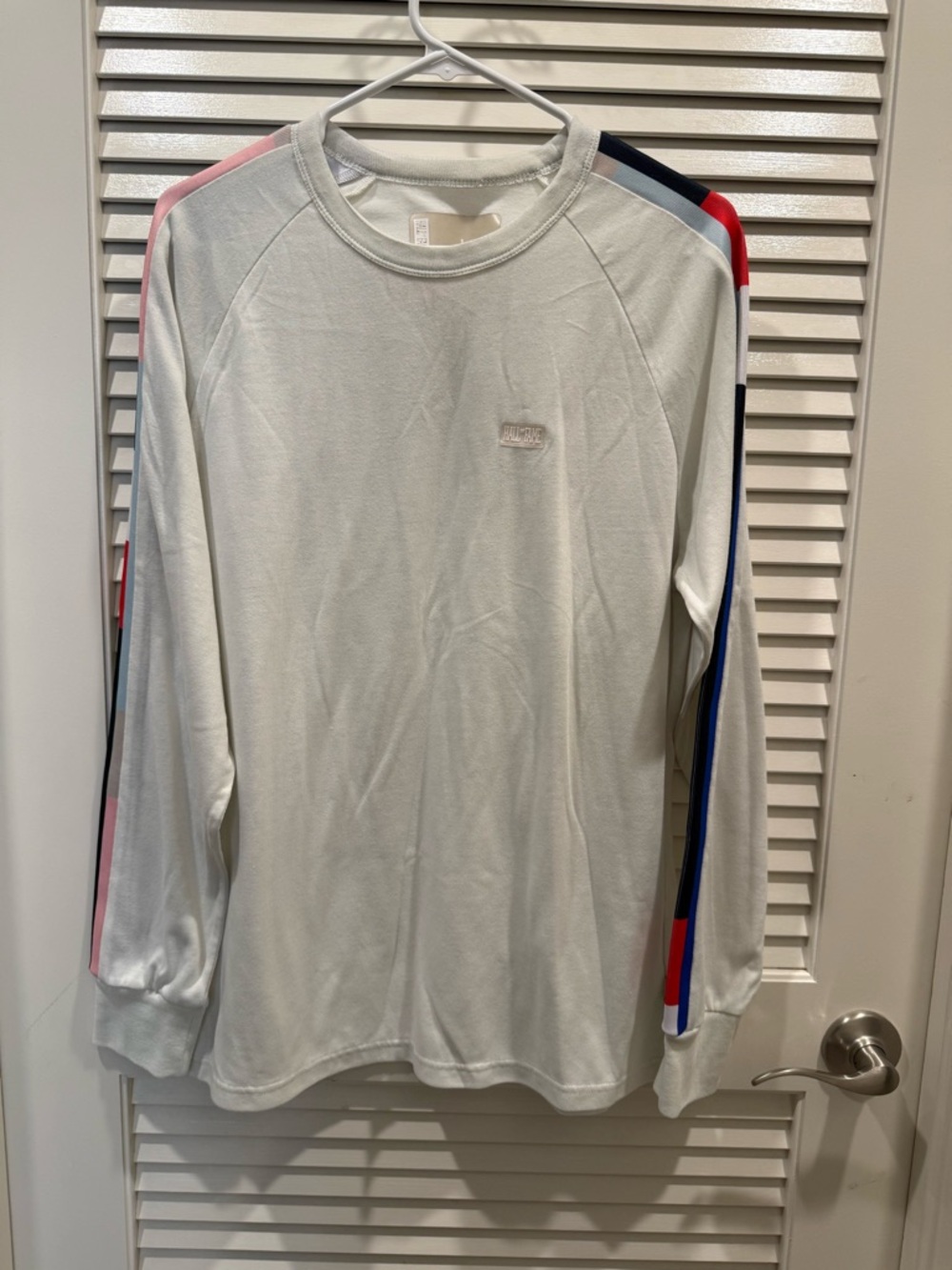 Men's White Long-Sleeve Crew with Multi-Stripe Sleeve Detail